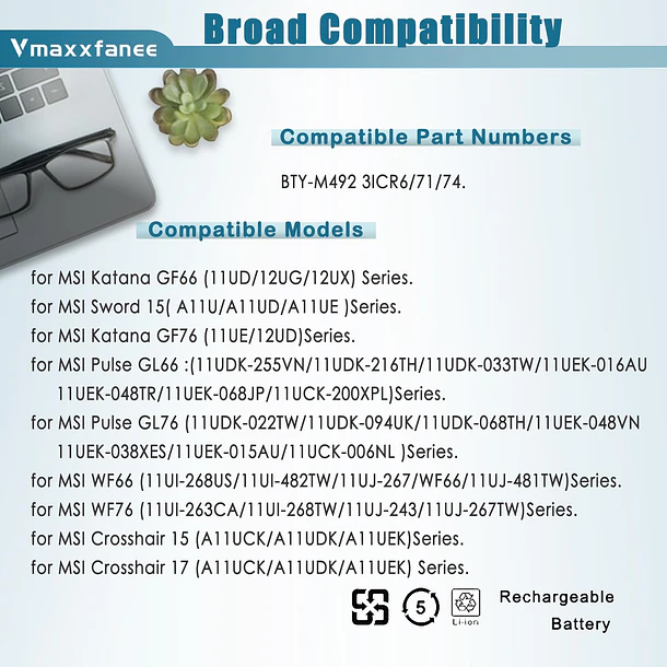 Batería de Repuesto BTY-M492 para MSI WF66 WF76 11UI 11UJ Katana GF66 11UE 11UD 12UX - Vmaxxfanee 5