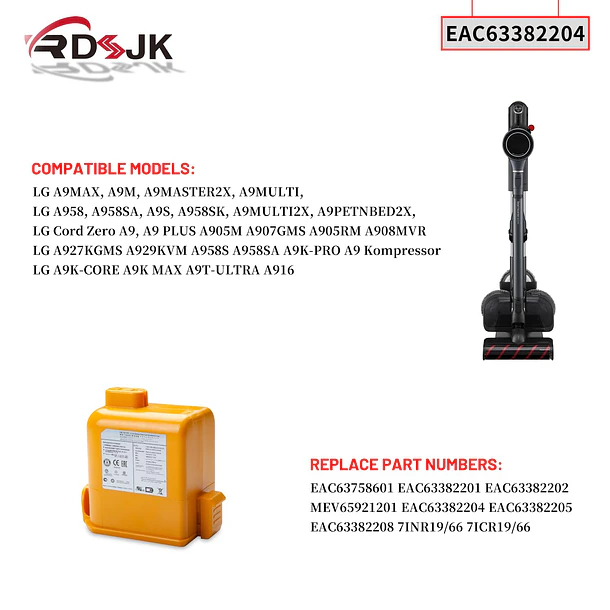Batería de Repuesto EO04XL para LG Cord Zero A9, A9MAX A9M A9MULTI A958 A958SA A958SK, 3