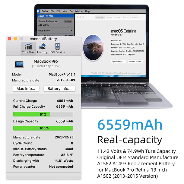 Batería de Repuesto A1582/A1493 para MacBook Pro Retina 13 Inch (Late 2013 Mid 2014 Early - JGTM 2
