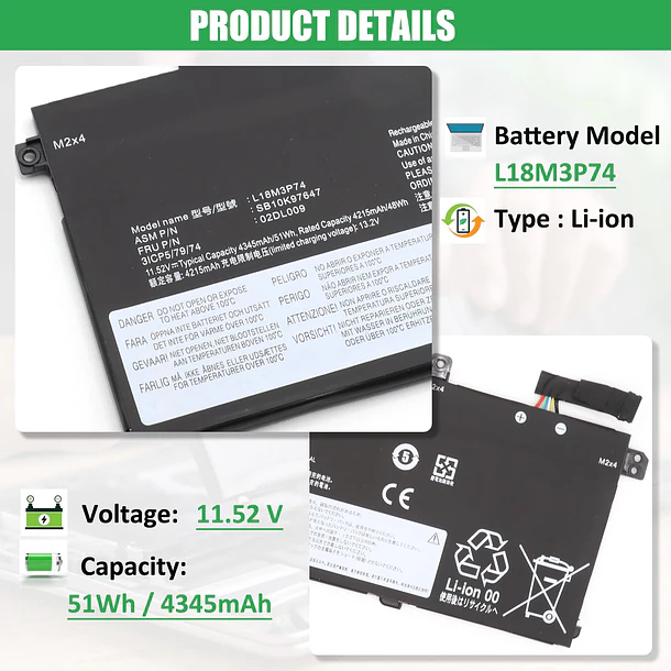 Batería de Repuesto L18M3P74 para Lenovo ThinkPad T490 T495 P43S T14 P14s 1st Gen Series - RHKRKQN 2