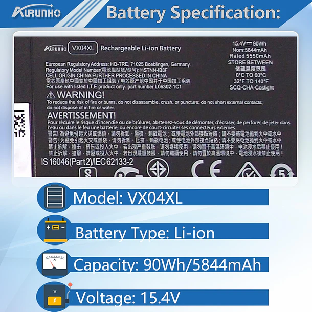 Batería de Repuesto VX04XL para HP Zbook 15 G5 G6 2YW99AV 2YX00AV 2ZC40EA 2ZC41EA 3AX02AV - AURUNHO 2