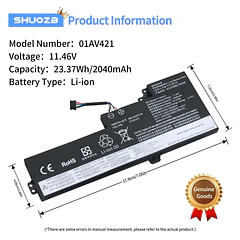 Batería de Repuesto T480 T470 01AV421 para ThinkPad T480 T470 A475 A485 TP25 Series Compatible with 01AV419 - SHUO.Z.B