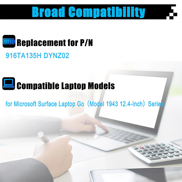 Batería de Repuesto 916TA135H para Microsoft Surface Laptop Go Model 1943 12.4-Inch 39.7Wh 5235mAh 7.58V - AOMKA 3