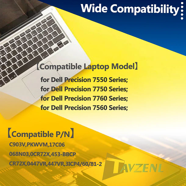Batería de Repuesto C903V para Dell Precision 7550 7750 7760 7560 Series PKWVM 0447VR 0CR72X - TAVZENL 6