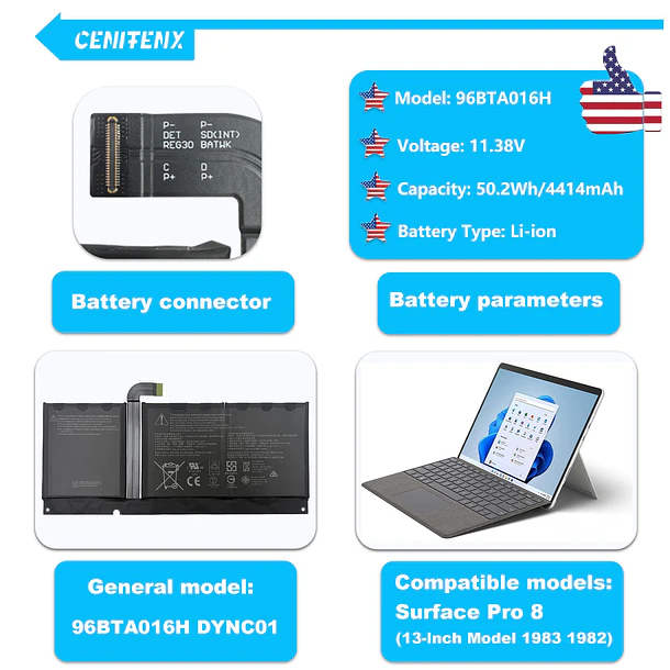 Batería de Repuesto 96BTA016H para Microsoft Surface Pro 8 Battery Model 1983 1982 13-Inch (11.38V,50.2Wh,4414mAh) - CENIFENX 2