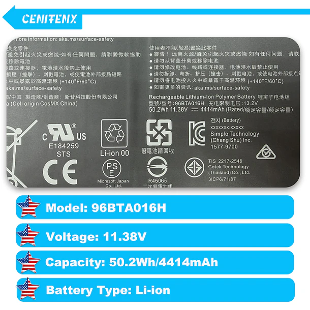 Batería de Repuesto 96BTA016H para Microsoft Surface Pro 8 Battery Model 1983 1982 13-Inch (11.38V,50.2Wh,4414mAh) - CENIFENX 4