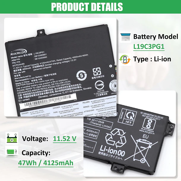 Batería de Repuesto L19M3PG1 para Lenovo 100e 300e Chromebook 2nd Gen AST 82CD 82CE ideapad - RHKRKQN 2