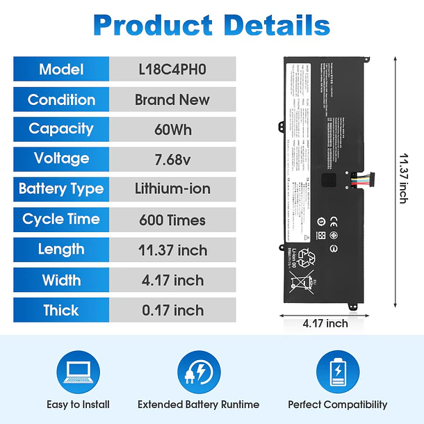 Batería de Repuesto L18M4PH0 para Lenovo Yoga C940-14IIL 81Q9 Yoga C940 14 SP/A Series 5B10T11585 - HXNYLS 3
