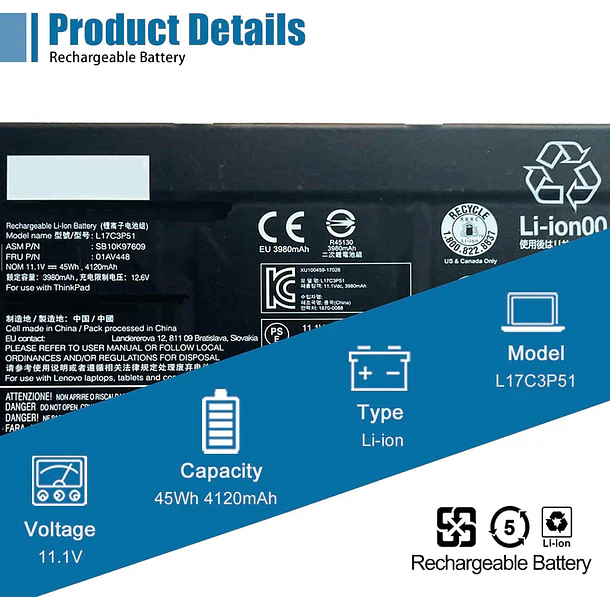 Batería de Repuesto L17C3P51 para Lenovo ThinkPad E14 E15 E480 E485 E495 E580 E585 E490 - VANPIR 2