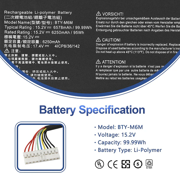 Batería de Repuesto BTY-M6M para MSI GS66 Stealth 10SE 10SF 11UE 11UH GE66 - ANTIEE 2