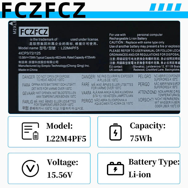 Batería de Repuesto L22M4PF5 para Lenovo Slim Pro 9-16IRP8 / Yoga Pro 9-16IRP8 / IdeaPad - FCZFCZ 3