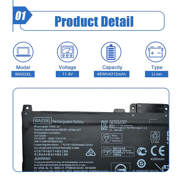 Batería de Repuesto WA03XL para HP Pavilion X360 15-BK 15-BR 2