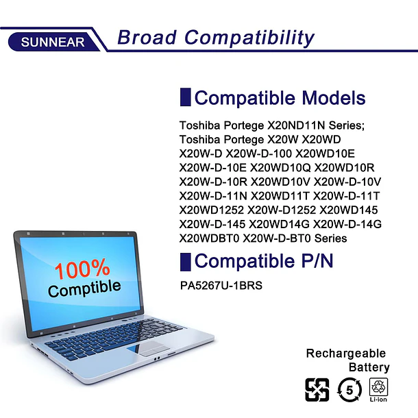 Batería de Repuesto PA5267U-1BRS para Toshiba Portege X20W X20W-D X20W-D-10R X20W-E X20W-D-11T Series Notebook 11.4V - SUNNEAR 4