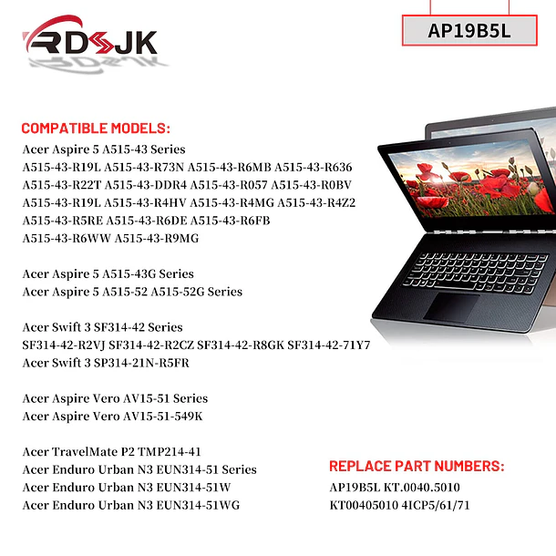 Batería de Repuesto AP15A3R para Acer Aspire 5 A515-43 A515-43G A515-52 A515-52G A515-55 A515-55-56VK Swift 3