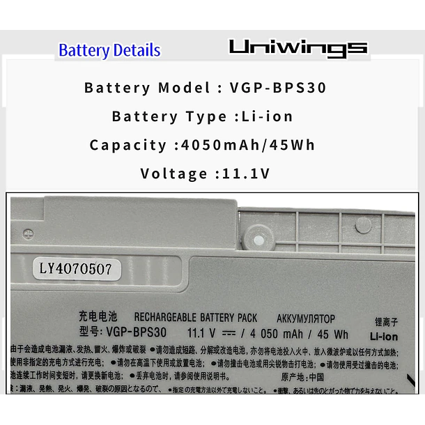 Batería de Repuesto VGP-BPS30 para Sony Vaio SVT11 SVT13 T11 T13 SVT131 SVT1312 SVT131A11T SVT13117ECS - Uniwings 3