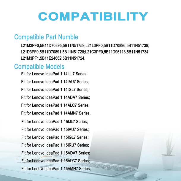 Batería de Repuesto L21C3PF0 para Lenovo IdeaPad 1 14IJL7 14IAU7 14IGL7 14ADA7 14ALC7 14AMN7 15IJL7 5
