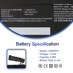 Batería de Repuesto L18M3P74 para Lenovo ThinkPad T490 T495 P43S