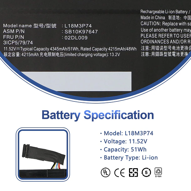 Batería de Repuesto L18M3P74 para Lenovo ThinkPad T490 T495 P43S 2