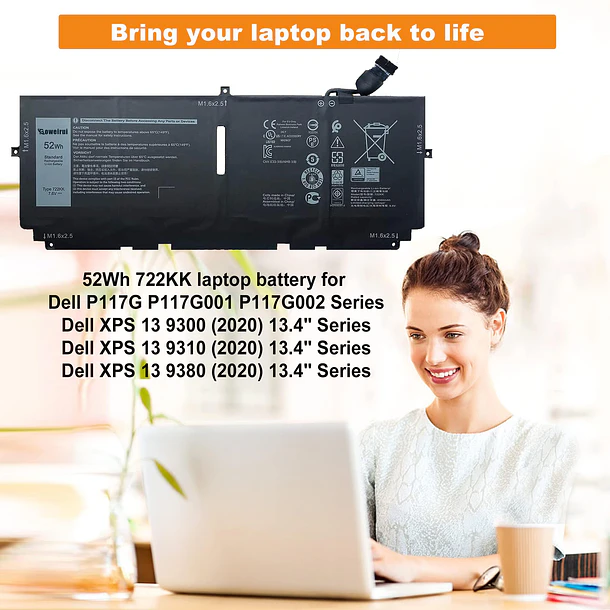 Batería de Repuesto 722KK para Dell XPS 13 9300 9310 9380 (2020) P117G002 P117G001 P117G - BOWEIRUI 2