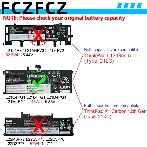 Batería de Repuesto L21C4PG1 para Lenovo ThinkPad L13 Gen 3 / L13 Gen 4 / - FCZFCZ 3