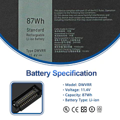 Batería de Repuesto DWVRR para Dell Alienware X15 R1 R2 X17 R1R2 - DWVRR