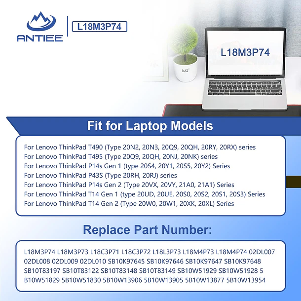 Batería de Repuesto L18M3P74 para Lenovo ThinkPad T490 T495 P43S 4