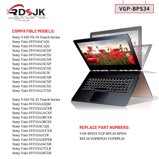 Batería de Repuesto VGP-BPS34 para Sony Vaio Fit 14 15 Touch SVF14AC1QL SVF14A14CXP SVF14A16CXB SVF15A1ACXB - RDSJ 3