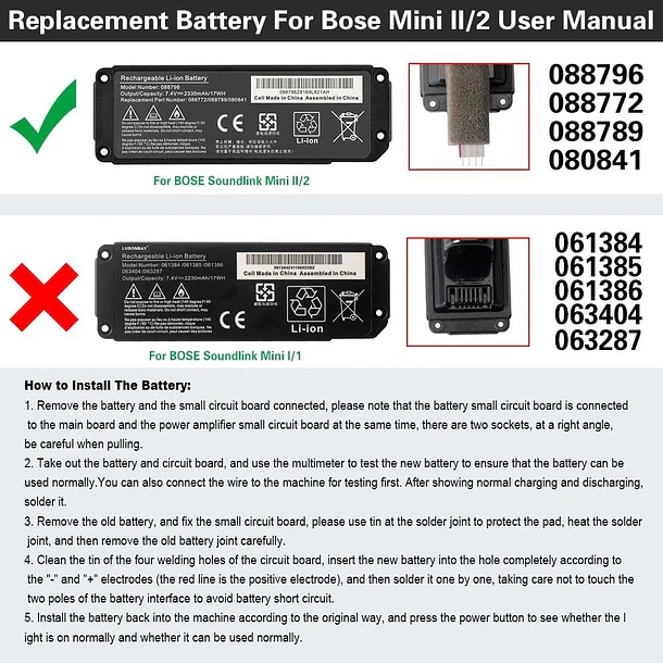 Batería de Repuesto 088796 para Bose Soundlink Mini 2/Soundlink II Series 7.4V.2330mAh.17Wh - ETESBAY 3