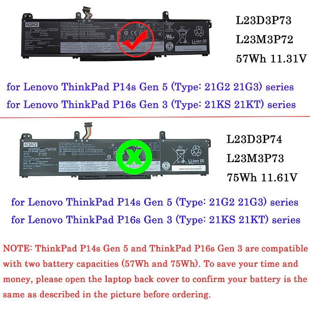 Batería de Repuesto L23D3P73 para Lenovo ThinkPad P16s Gen 3 21KS 21KT / P14s Gen - FCZFCZ 3