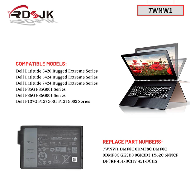 Batería de Repuesto R73TC para Dell Latitude 7424 5424 5420 Rugged Extreme P85G P85G001 P86G 3