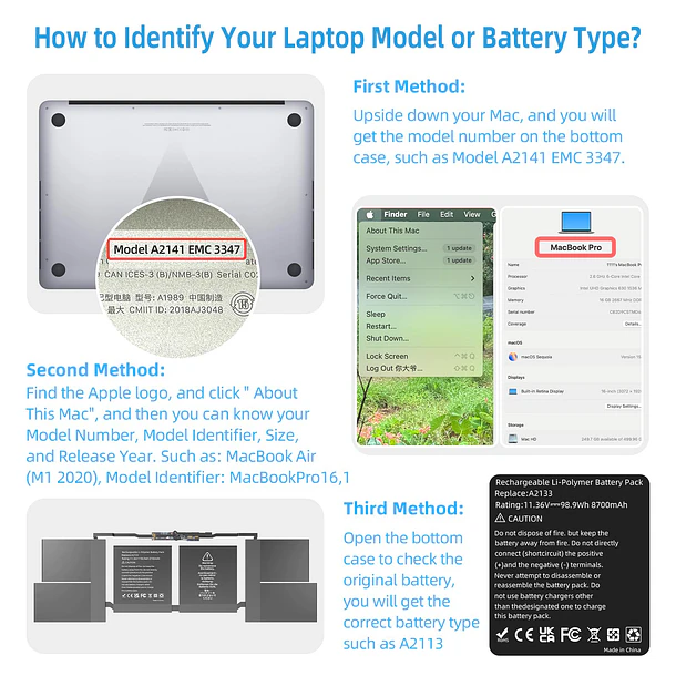 Batería de Repuesto A2113 para MacBook Pro 16 inch 2019 Released Model A2141 EMC 3347 - JGTM 4
