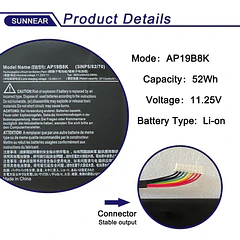 Batería de Repuesto AP19B8K para Acer Aspire A315-23 A315-58 A317-52 A317-53 A514-53 A515-56 Swift 3 - SUNNEAR