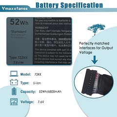 Batería de Repuesto 722KK para Dell XPS 13 9310 (2020), XPS 13 9300 (2020), XPS - Vmaxxfanee