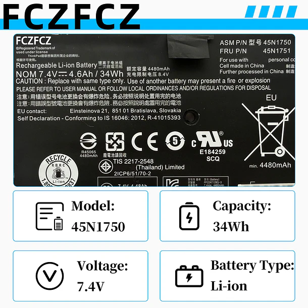 Batería de Repuesto 45N1750 para Lenovo ThinkPad 11e 20DA 20E6 20E8 20ED 20EE / Chromebook - FCZFCZ 3