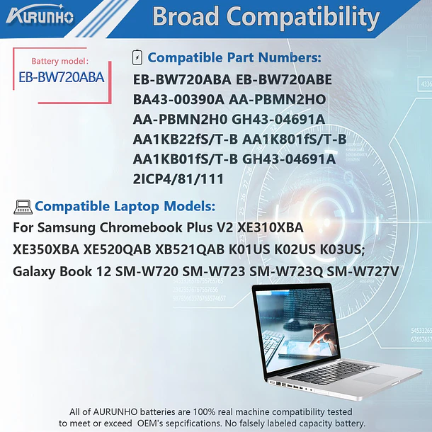 Batería de Repuesto EB-BW720ABA para Samsung ChromeBook Plus V2 XE520QAB XE521QAB Chromebook 4 XE310XBA XE350XBA - AURUNHO 5