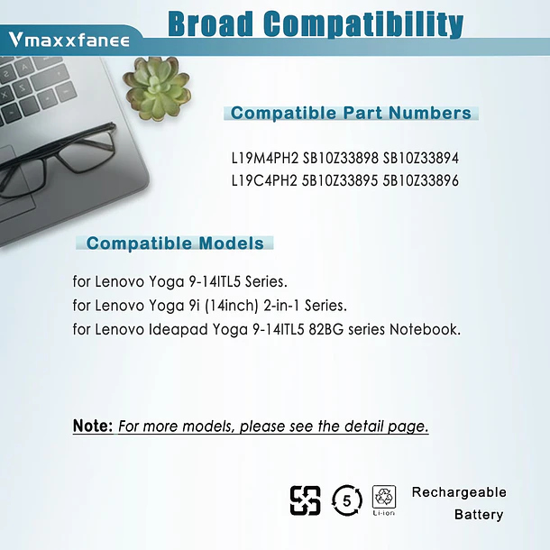 Batería de Repuesto L19M4PH2 para Lenovo Yoga 9-14ITL5 Yoga 9i (14inch) 2-in-1 Series 5B10Z33896 5B10Z33895 - Vmaxxfanee 5