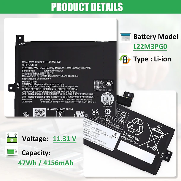 Batería de Repuesto L22M3PG0 para Lenovo 100e 300e 500e Yoga Chromebook Gen 4 IdeaPad Flex - RHKRKQN 2