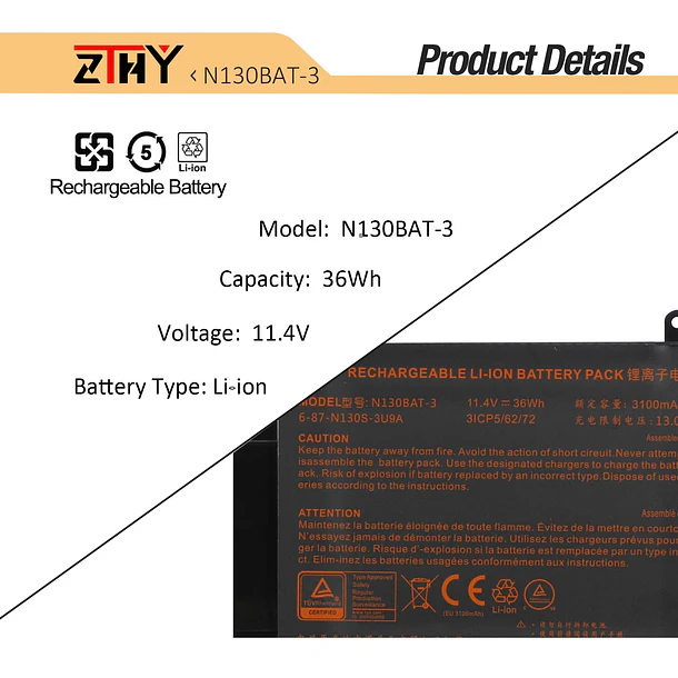 Batería de Repuesto K5XWW para Clevo B1301 B1504 N130BU N130WU 3