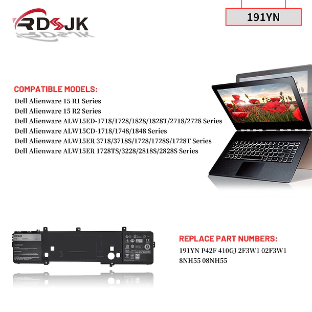 Batería de Repuesto 191YN para Dell Alienware 15 R1 R2 ALW15ED ALW15CD ALW15ER Series ALW15ED-1718 3
