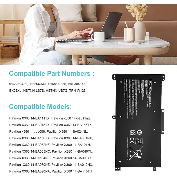 Batería de Repuesto BK03XL para HP Pavilion X360 14-BA000 14M-BA000 14M-BA011dx 14M-BA013dx 14M-BA015dx 14M-BA114dx 14-BA253cl - TAUPO 2