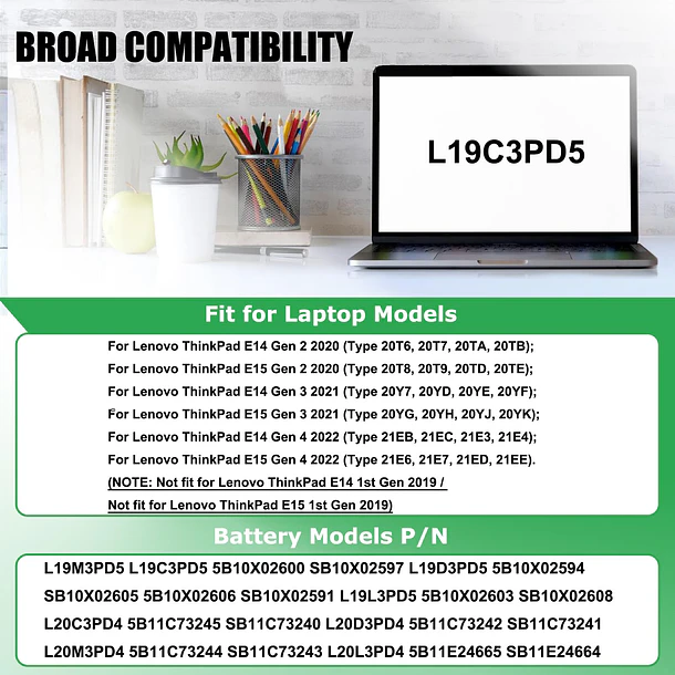 Batería de Repuesto L19M3PD5 para Lenovo ThinkPad E14 E15 2nd 3rd 4th Gen Series Notebook - RHKRKQN 3