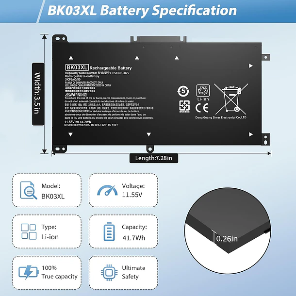 Batería de Repuesto BK03XL para HP Pavilion X360 14-BA000 14M-BA000 14M-BA011dx 14M-BA013dx 14M-BA015dx 14M-BA114dx 14-BA253cl - TAUPO 3