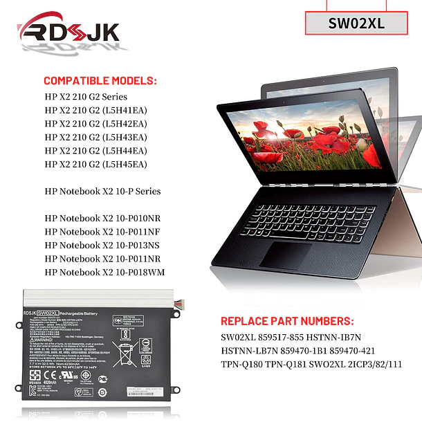 Batería de Repuesto SW02XL para HP X2 10-P018WM 10-P 10-P010NR 10-P011NF 10-P011NR 10-P013NS 210 G2 - RDSJ 3