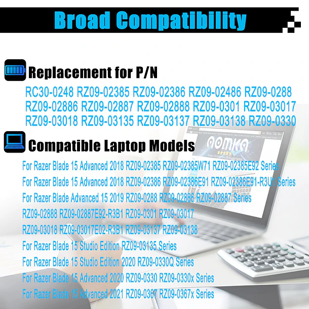 Batería de Repuesto para Razer Blade 15 2018 Advanced RZ09-02386E92 RZ09-02385 RZ09-02386 RZ09-02886 RZ09-02887 3