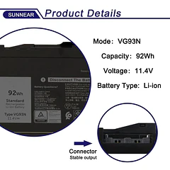 Batería de Repuesto VG93N para Dell Precision 15 3520 3530 Latitude 5580 5590 5591