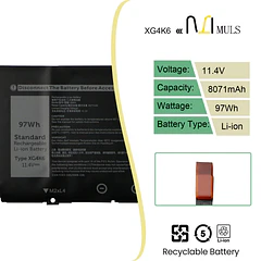 Batería de Repuesto XG4K6 para Dell Precision 5750 5760 5770 XPS 17 9700 - MULS