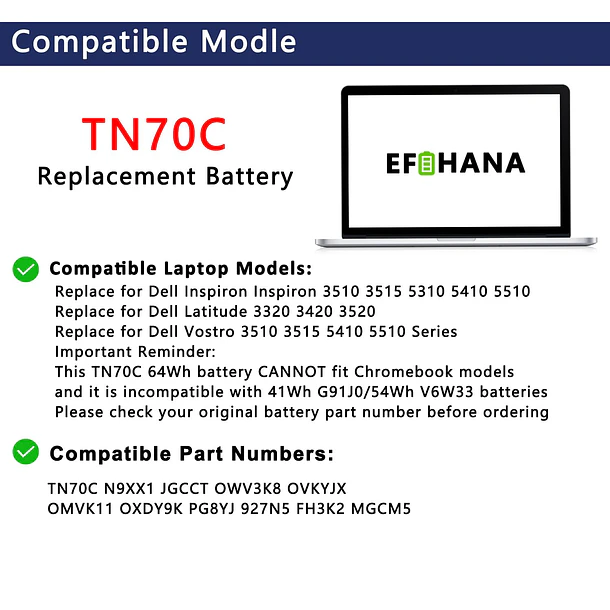 Batería de Repuesto TN70C para Dell Inspiron 3510 3515 5310 5410 5510 Latitude 3320 3420 - EFOHANA 3