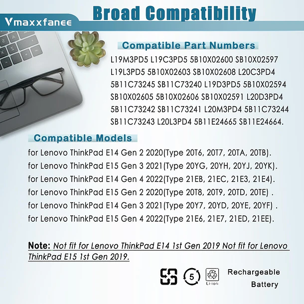 Batería de Repuesto L19M3PD5 para Lenovo ThinkPad E15 Gen 2/E15 Gen 3/E15 Gen 4/E14 Gen - Vmaxxfanee 5