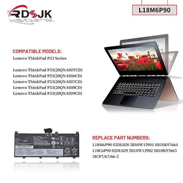 Batería de Repuesto L18M6PD2 para Lenovo ThinkPad P53 20QN 20QQ 20QNA006CD 20QNA009CD Series 5B10W13901 5B10W13902 - RDSJ 3