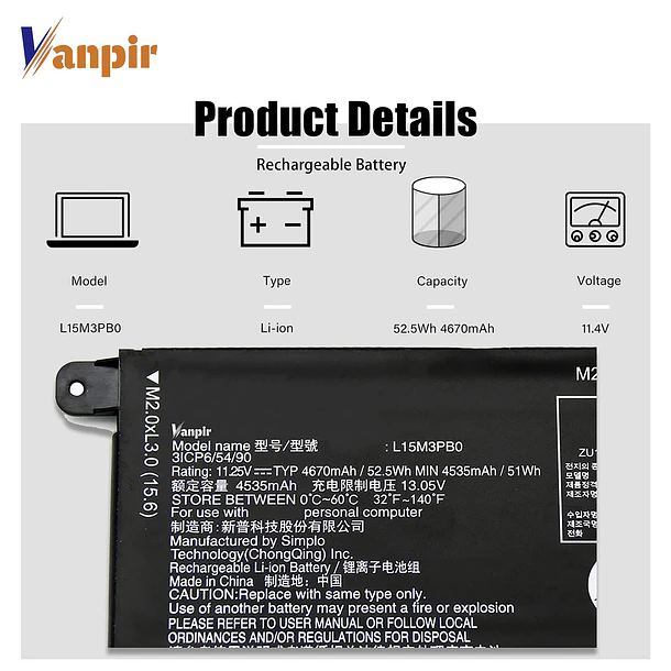 Batería de Repuesto L15M3PB0 para Lenovo IdeaPad 330S-14AST 330S-14IKB 330S-15ARR 330S-15AST 330S-15IKB Series Notebook L15L3PB0 - VANPIR 3